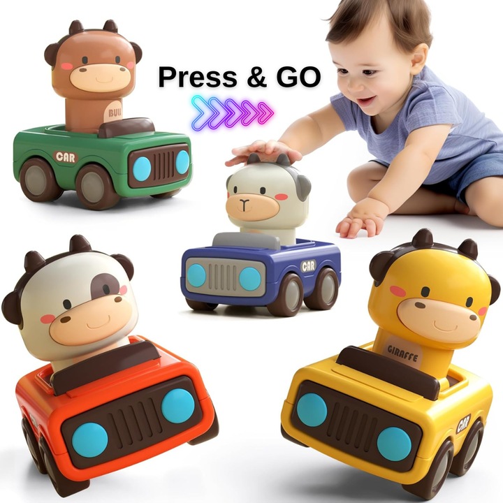 Set 4 Masinute Tip Jucarie Interactiva Bebelusi si Copii Montessori KidProtect® Smart Car, Pentru Copii 0-2 Ani, Functie Apasa si Da Drumul, Cap Rotativ, Muticolor