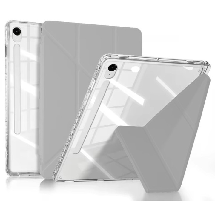 Husa tableta, pentru Samsung Galaxy Tab S10 Lite 10.9", Triple Fold in forma de Y Design, Multi unghi, Capac de piele pentru tablete cu slot pentru stilou, Trezire automata / somn，Gri argintiu