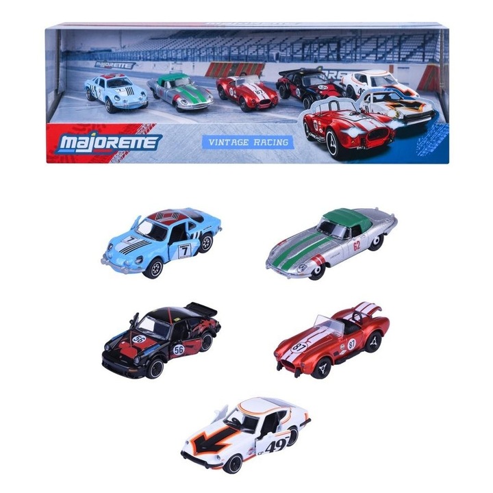 Set 5 masinute Majorette Vintage Racing, 1:64, 7,5cm, metalice