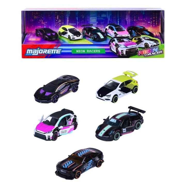 Set 5 masinute Majorette Neon Racer, 7,5cm, fara motor, elemente mobile