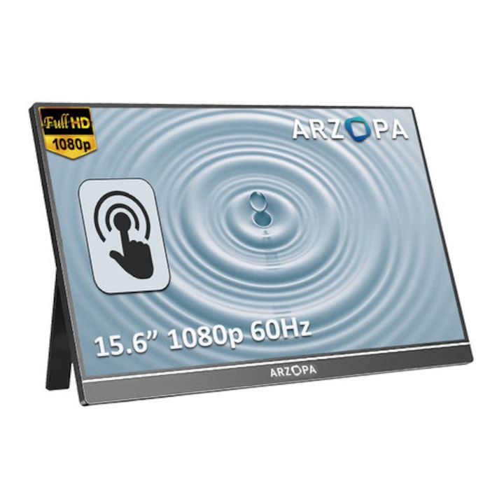 Monitor portabil tactil Arzopa A1T 15.6" Full HD, 1920x1080, 2x USB-C, mini HDMI, argintiu, 7.6mm