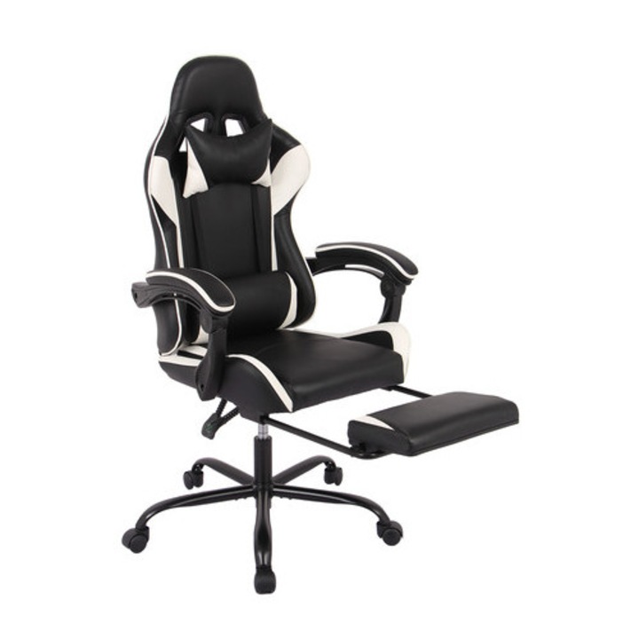 Scaun gaming Spacetronik Rally, negru-alb, cu suport pentru spate si gat, dimensiuni 67x53x73cm