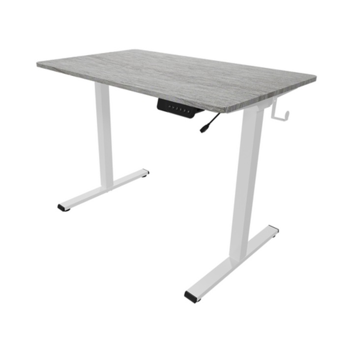 Birou electric Spacetronik Moris, 73-121 cm, alb cu blat gri, 1002x602x16 mm, 50 kg capacitate maxima