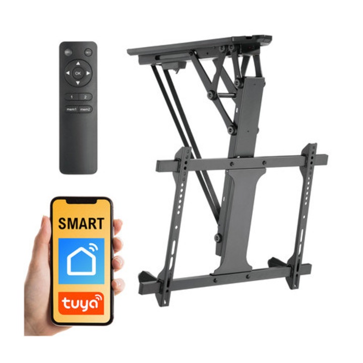 Spacetronik elektromos TV állvány, 32-70", matt fekete, 35 kg teherbírás, méretek 725x664x516 mm, Tuya vezérléssel