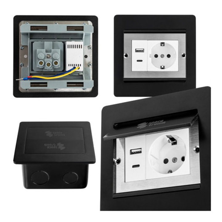 Gniazdo de podea Spacetronik, 1x Schuko, 1x USB, 1x USB-C, negru, 12x12cm