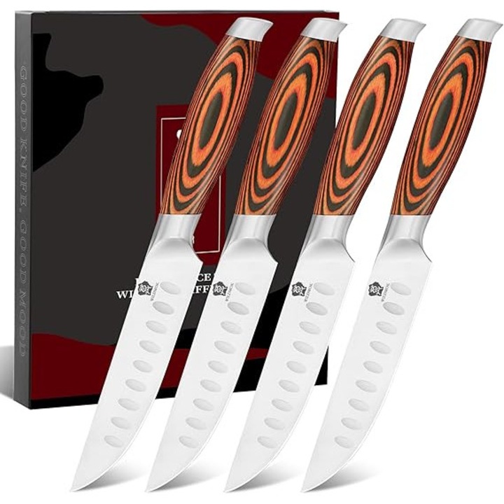 Set de 4 cutite pentru friptura WILDMOK, lama de 12, 8 cm, realizate din otel german, set de cutite tip steakhouse cu maner ergonomic