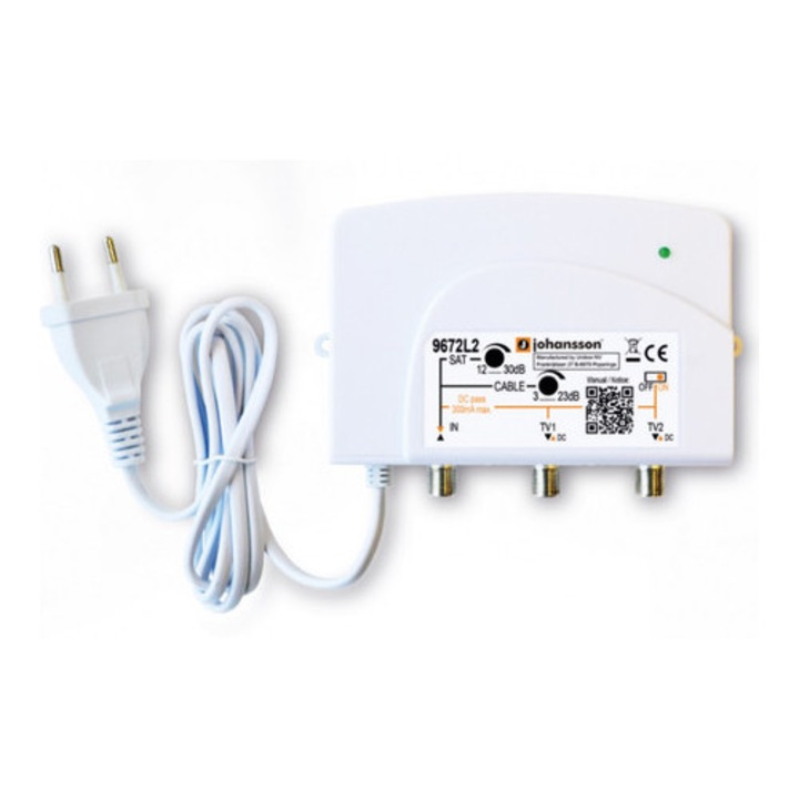 TV-SAT усилвател 1 вход/2 изхода 30dB, 85-240V, съвместим с 5G LTE, Johansson