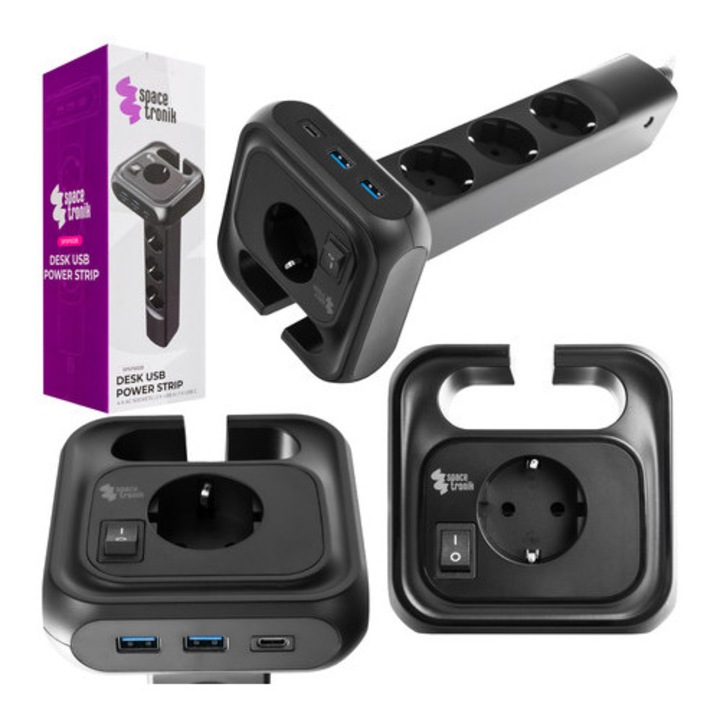 Разклонител SPACETRONIK 4xAC 2xUSB 1xUSB-C, черен