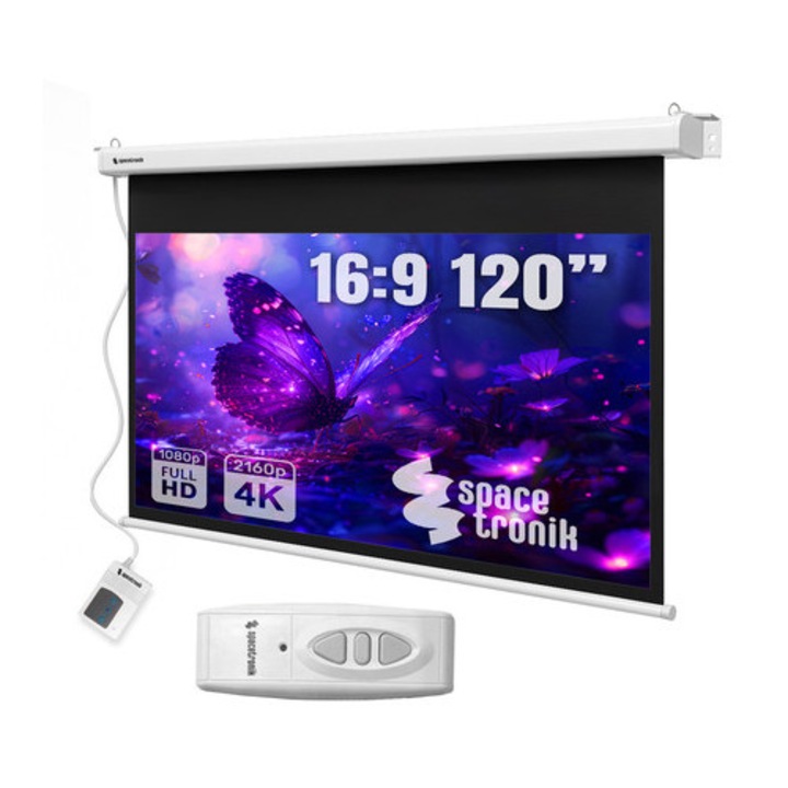 Ecran proiectie electric Spacetronik 120", 4K HD, material SST, montaj pe perete/suflet, 285x9x9cm