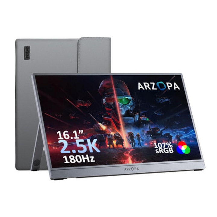 Monitor portabil ARZOPA 16" IPS 2.5K QHD, 500 cd/m2, argintiu, set complet