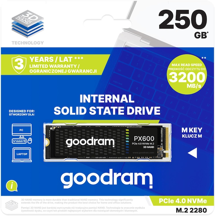 SSD GOODRAM PX600 250GB M.2 PCIe 4x4 NVMe 2280, viteze de citire pana la 3100 MB/s, 3D NAND