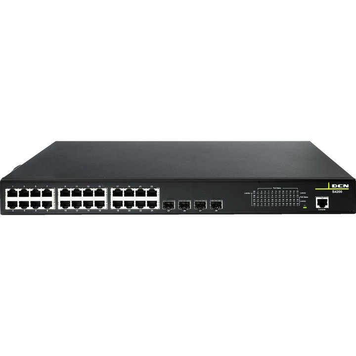 DCN S4200-28P-PL-SI-R2 kapcsoló, 24xPoE+/4xSFP, 200W, 440x260x44mm