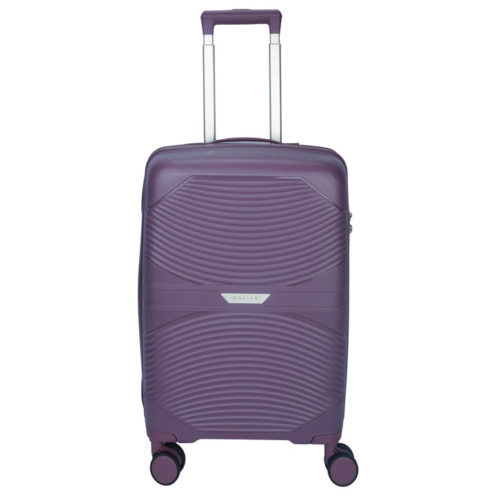 Troller Cabina Vocier, Bagaj de Mana,55X36X22 cm, 4 Roti Duble Spinner 360°, Polipropilena Rezistenta, Inchidere Cifru TSA, Maner Telescopic Aluminiu, Mov S