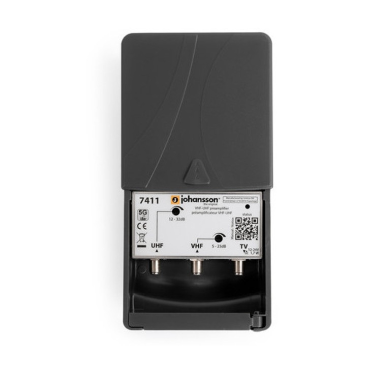Amplificator Johansson 7411, VHF/UHF, 5-23 dB, 12-32 dB, cu filtru LTE, 12-24 VDC