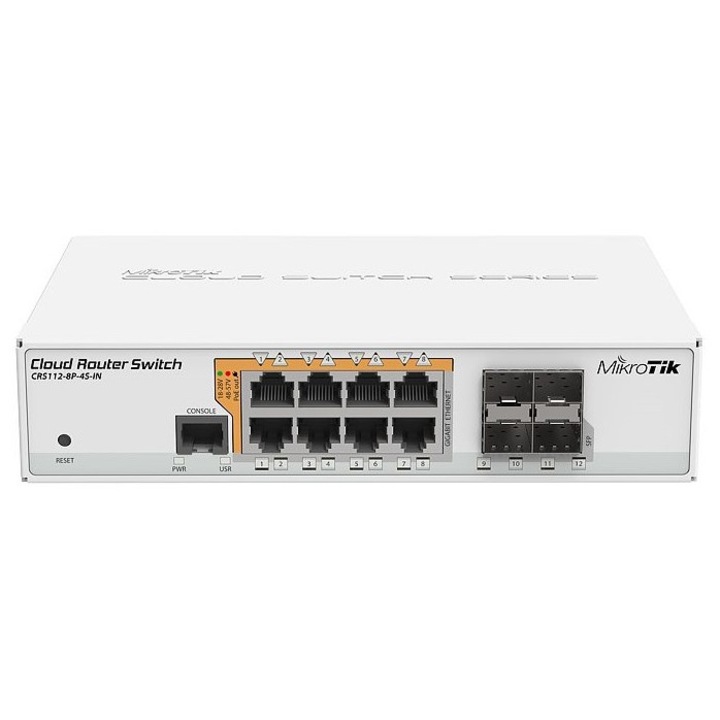 MikroTik CRS112-8P-4S-IN menedzselt switch, 12 port (8 PoE, 4 SFP), 1Gb/s, 28V, 10W