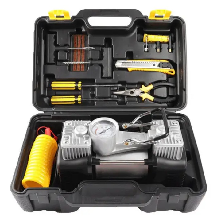 Compresor auto 12 V kit complet – 2 cilindri + 7 accesorii