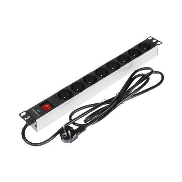 Разклонител, 8 контакта, Delta PD-8/RACK, 16A, 230V, 2м, 530x75x55мм