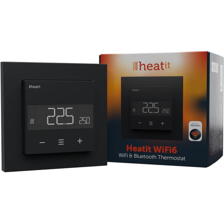 Termostat WiFi Heatit WiFi6, 3600W, 16A, negru mat, montaj subtire, dimensiuni 84x84x45,5mm
