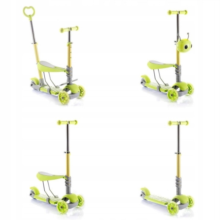 5 az 1-ben evolúciós roller 3+ éves gyermekeknek, üléssel, kosárral és fogantyúkkal, zöld-szürke, 63x59-77x24,5cm