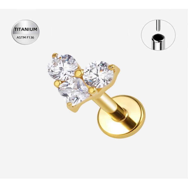 Piercing Labret din Titan ASTM F136 Auriu cu Cristale Trio – Design Elegant & Stralucitor, forma de inima, lungime 8 mm