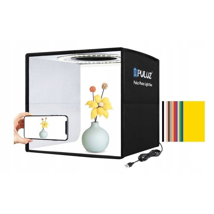 Namiot fara umbre foto Puluz PU5025B, 12 fundaluri, iluminare LED 5500K, 200mm