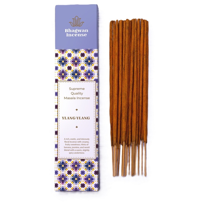 Illatos füstölőpálcikák, Bhagwan Incense, Ylang-Ylang, 15g, virágos illat, kézzel sodort
