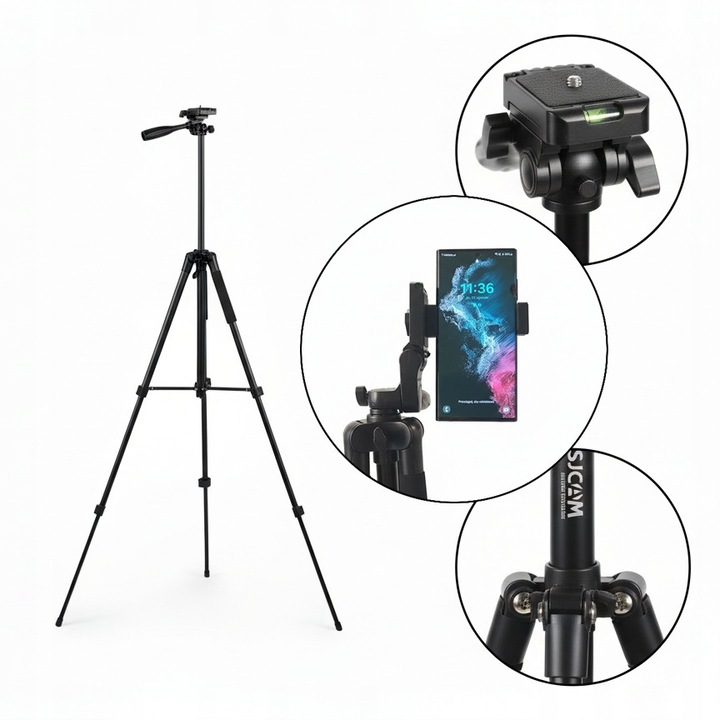 Stativ SJCAM 135 cm cu suport telefon, pentru camere sport, accesorii foto-video, constructie usoara, stabilitate, set complet