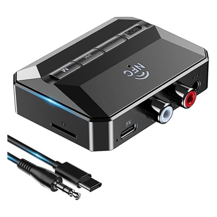 OUYLAF 3 az 1-ben Bluetooth audio vevő adapter, Bluetooth 5.3, AUX/RCA/NFC csatlakozó, 3.5mm Jack fejhallgatóhoz, autóhoz, audiorendszerhez, házimozihoz, stabil vezeték nélküli hangátvitel, Fekete