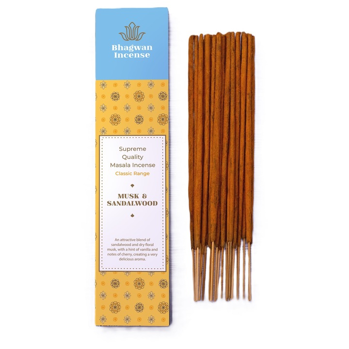 Illatos füstölőpálcikák, Bhagwan Incense, Pézsma és Szantálfa, 15g, természetes tömjén, kézműves minőség
