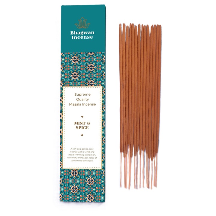 Illatos füstölőpálcikák, Bhagwan Incense, Menta és Fűszerek, 15g, természetes tömjén, kézműves minőség