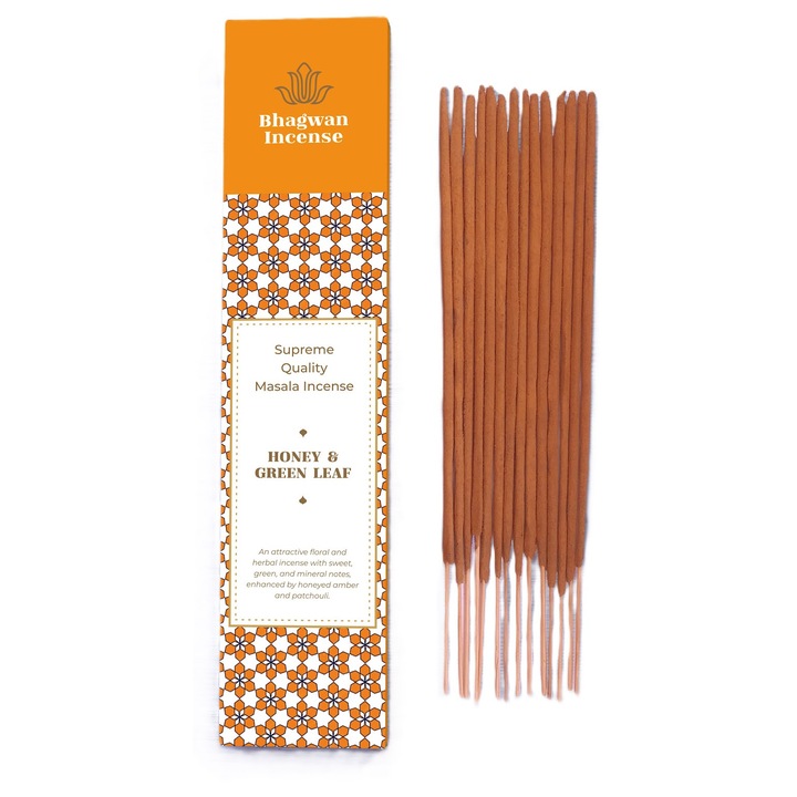 Illatos füstölőpálcikák, Bhagwan Incense, méz és zöld levelek, 15g, lux masala, prémium kézműves minőség