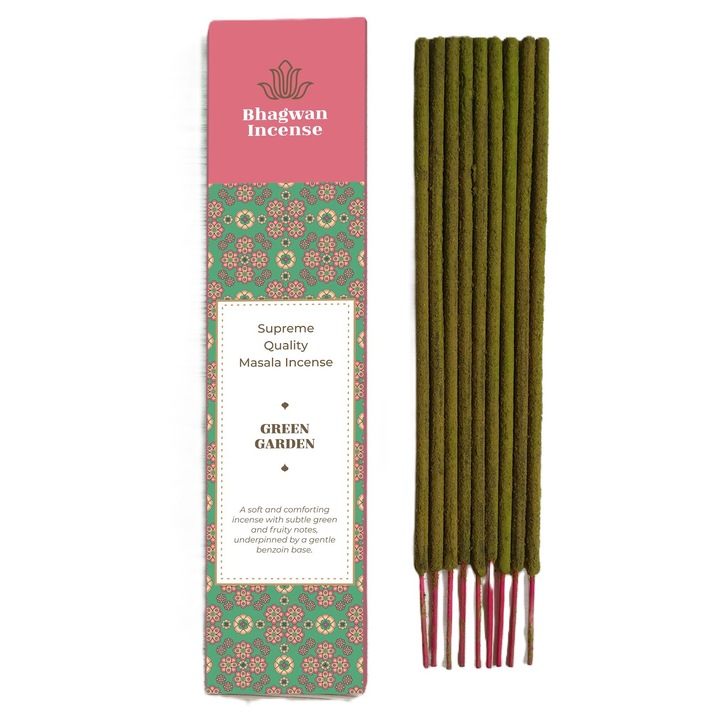 Illatos füstölőpálcikák, Bhagwan Incense, Zöld Kert, 15g, természetes masala tömjén, friss zöld
