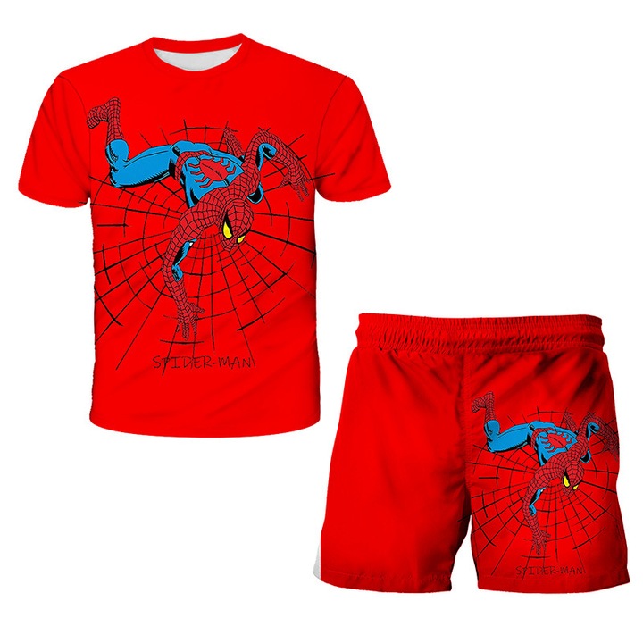 Costum copii Spider-Man, imprimeu 3D, set camasa cu maneca scurta si pantaloni scurti, 150cm