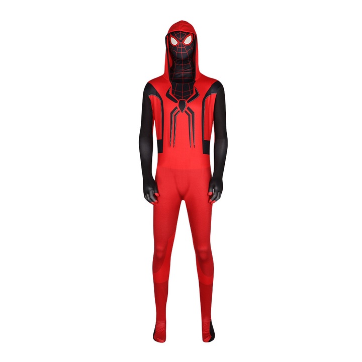 Costum de carnaval Spider-Man, Miles Morales, rosu, cu gluga, marimea S