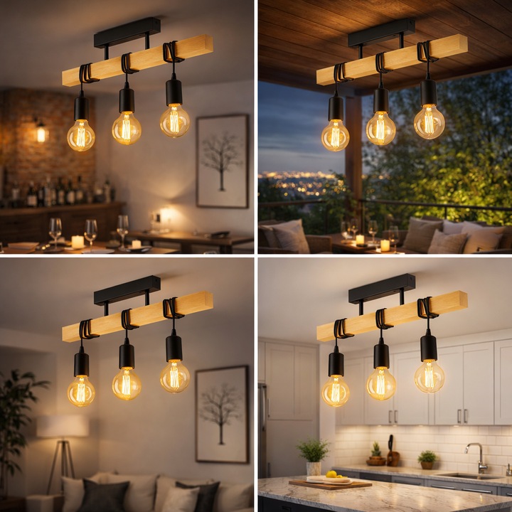 Lustra rustica Moderna 3xE27, lustra liniara din lemn si metal negru pentru living, bucatarie sau dining