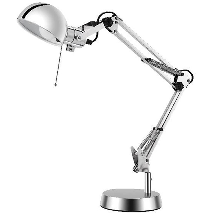 Настолна лампа с регулируема глава и рамо GOODHOME Bakossi, 1 крушка с нажежаема жичка, 40W, E14, IP20, сребриста