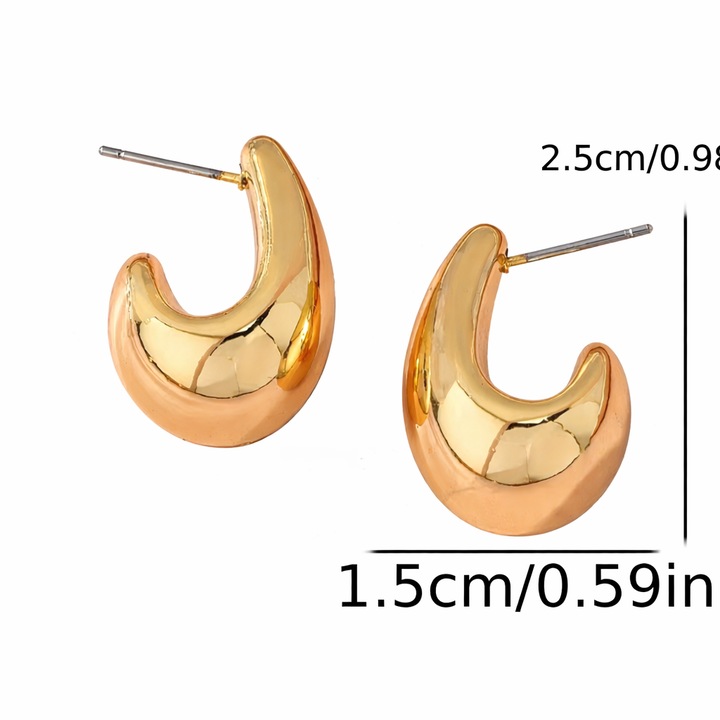 Cercei dama aurii tip hoop, design curbat, eleganti, moderni, stil minimalist