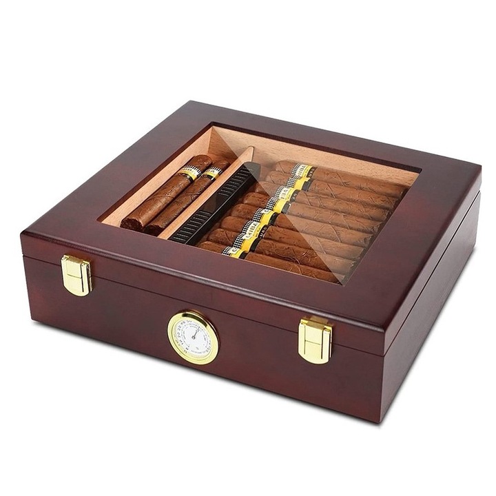 Humidor trabucuri, Rqiurpn, Capacitate 20-25 de trabucuri, Cu umidificator si hygrometru, Capac din sticla, Durabile, Portabil, Design de capacitate mare, Usor de utilizat, Universal, Maro