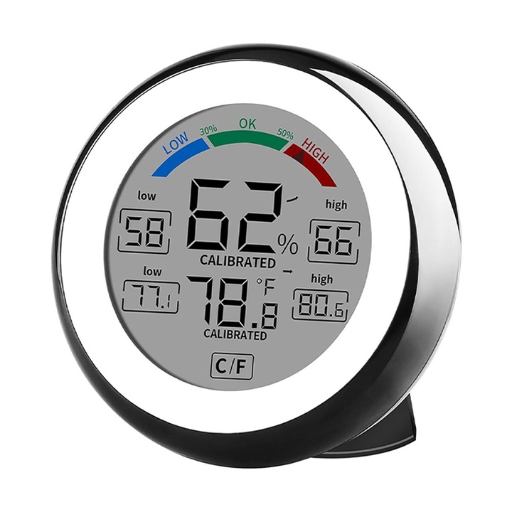 Termometru si higrometru, Rqiurpn, Monitorizare temperatura si umiditate, Citire 15s, Control Tactil, Cu ecran LCD, Montare Perete/Magnetica/Suport, Pentru interior si exterior, Negru