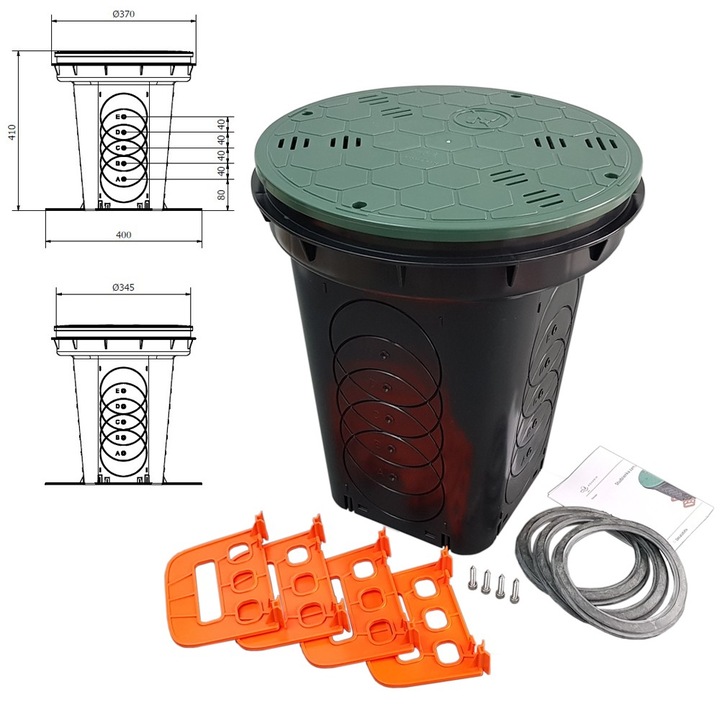 Camin Inchidere Drenaj, AQUABIN, AQZ D300, Pentru Aerisire Si Inspectie Fose Septice, Pana La 3 Intrari, Material PEHD Monolitic, Include Capac Perforat Si Garnituri, Stabilizare In Sol, 400x400x410 mm, 3 kg, 1 buc