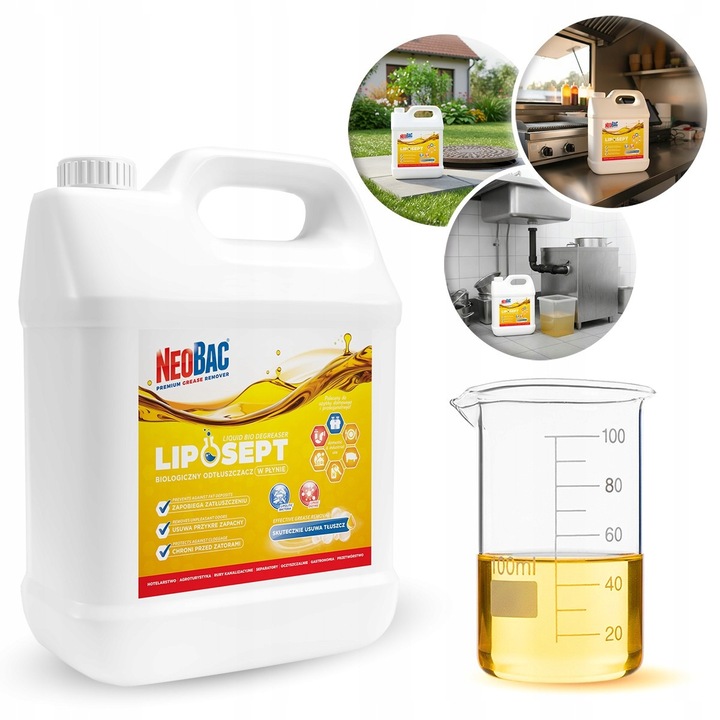Degresant Biologic Profesional Pentru Conducte Si Separatoare De Grasimi, NeoBac, Novapro, 5L, Incolor, Model Neobac Liposept, Elimina Depunerile De Ulei Si Grasime, Ideal Pentru Hoteluri Si Gastronomie, Previne Infundarea, Formula Activa Cu Lipaza