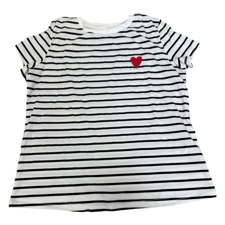 Tricou sport femei, dungi, broderie inimă roșie, alb, măsura M