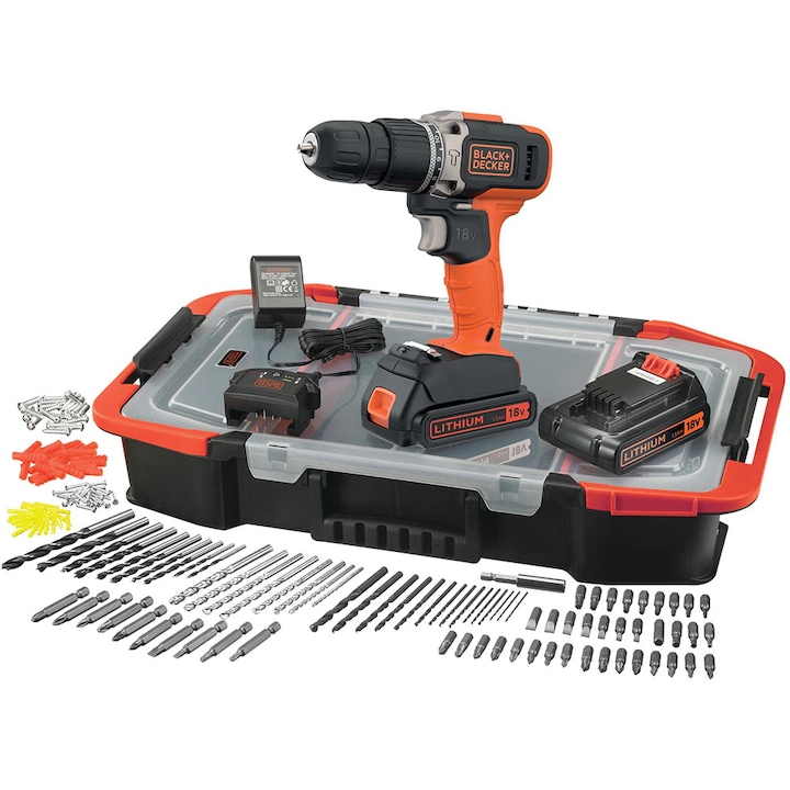Masina de gaurit si insurubat (bormasina) BLACK & DECKER BCD003BAST-QW, 18V, 1.5Ah, 1400rpm, 45Nm, mandrina rapida, 160 accesorii