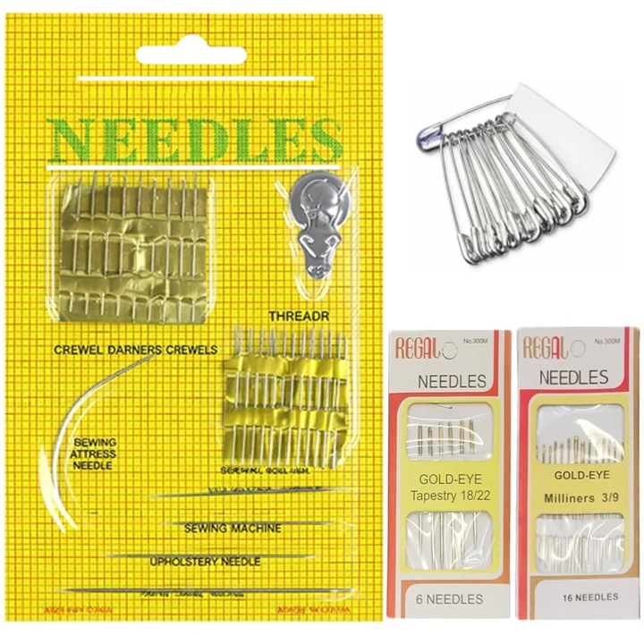 Set profesional de ace pentru cusut Dactylion, 6 ace tapestry 18/22 și 16 ace milliners 3/9, metal