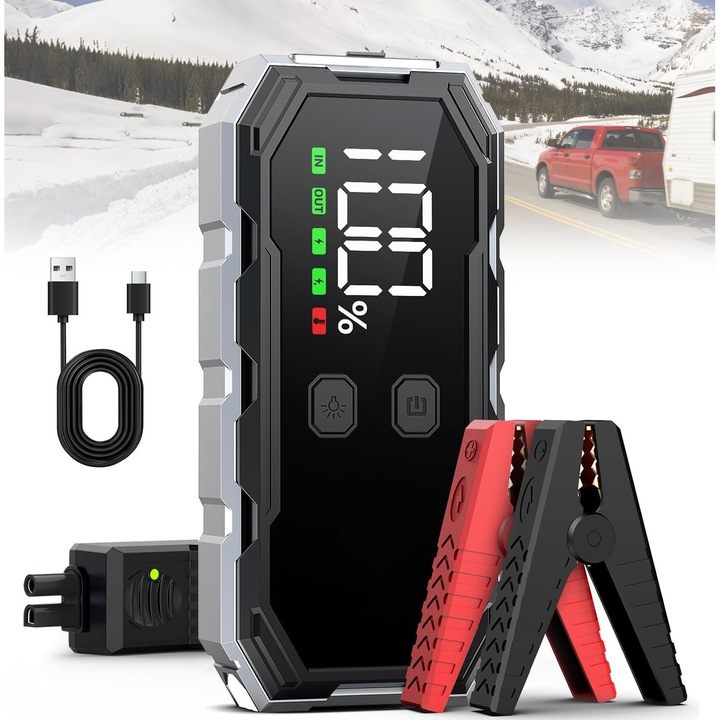 Starter Auto Multifunctional，SHIJOOE®,128000mAh，Power bank auto，12V，4000A Peak，Display LCD，4 moduri de lumina LED，umina de urgenta，functie baterie externa，Incarcare rapida，Protectie Inteligenta, Pentru toate motoarele pe benzina/6.0L Diesel，lanterna