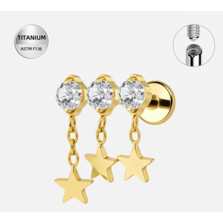 Piercing Labret din Titan ASTM F136 Auriu cu Cristale Marquise si Pandantive Elegante – Design Luxurious, 1.2x6mm, Funny Party Team®