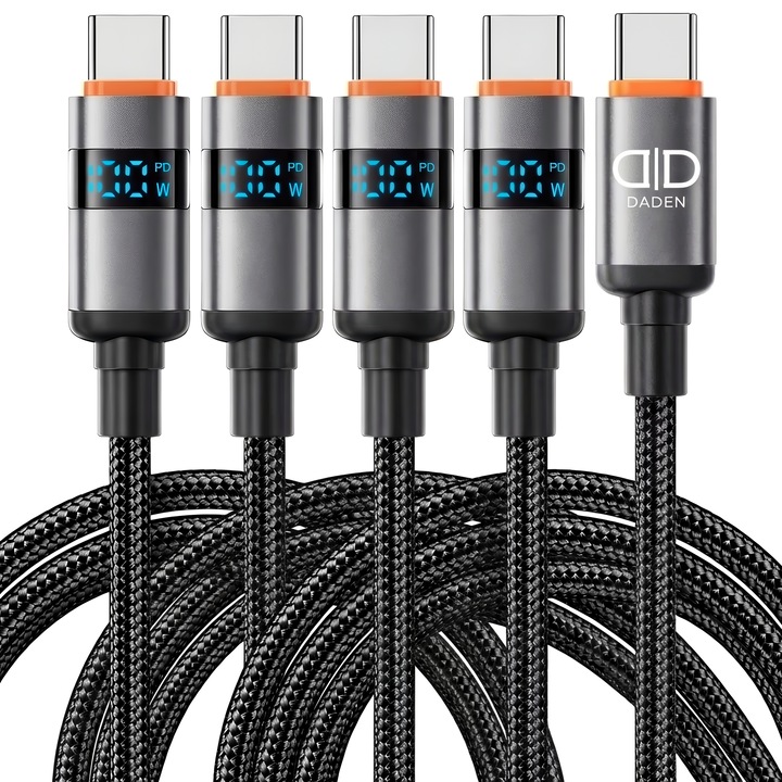 Set 5 Cablu USB-C la USB-C 100W cu Afisaj Digital, DaDen, Incarcare Rapida 5A, Negru/Gri, 1m