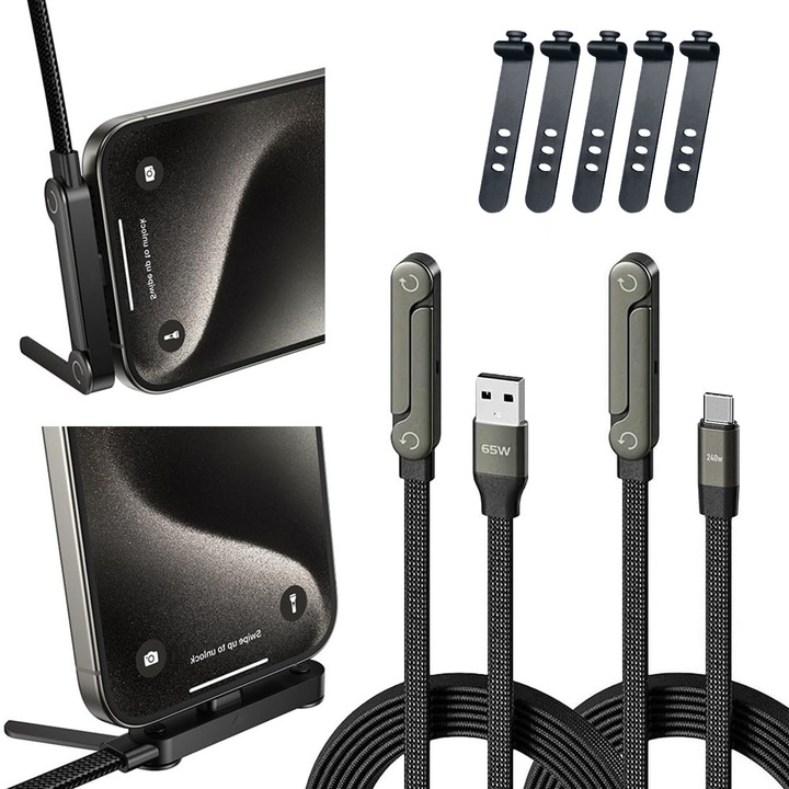 Gyorstöltő kábel tartóval – 2 db-os szett (USB-A-ról USB-C-re + USB-C-ről USB-C-re), 360°-ban állítható, Ideális irodába és utazáshoz, Okostelefon és Tablet