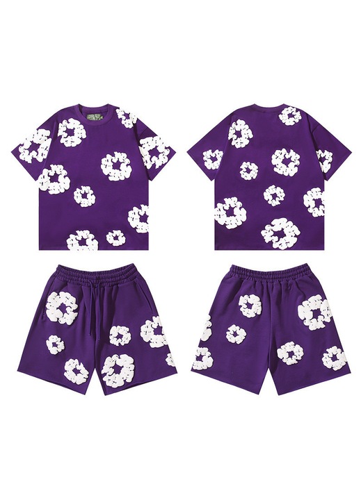 Set pantaloni scurti/tricou barbati, Mov/Alb, Bumbac