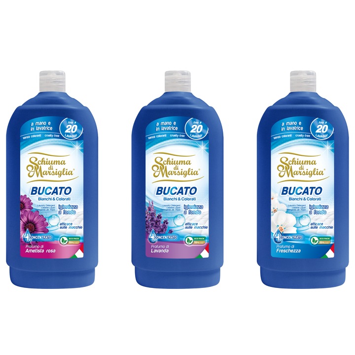 Pachet detergent lichid Schiuma di Marsiglia, Ametista Rosa + Lavanda + Clasic, 3 x 1L, pentru rufe albe si colorate